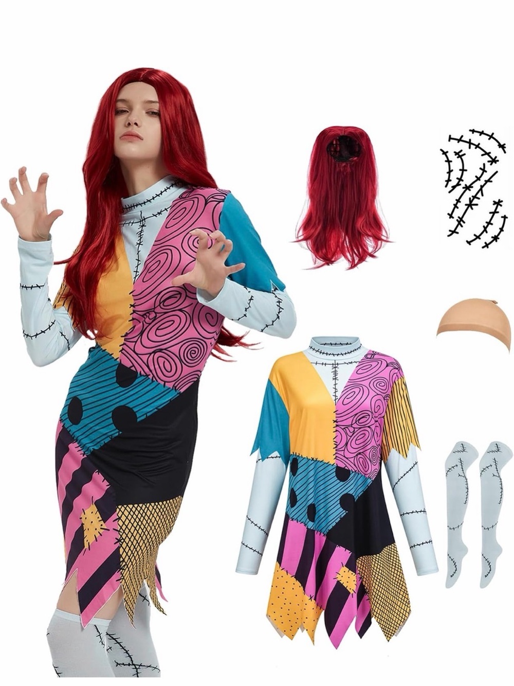 Patchwork Sally-Inspired women’s Costume Dress with Red Wig